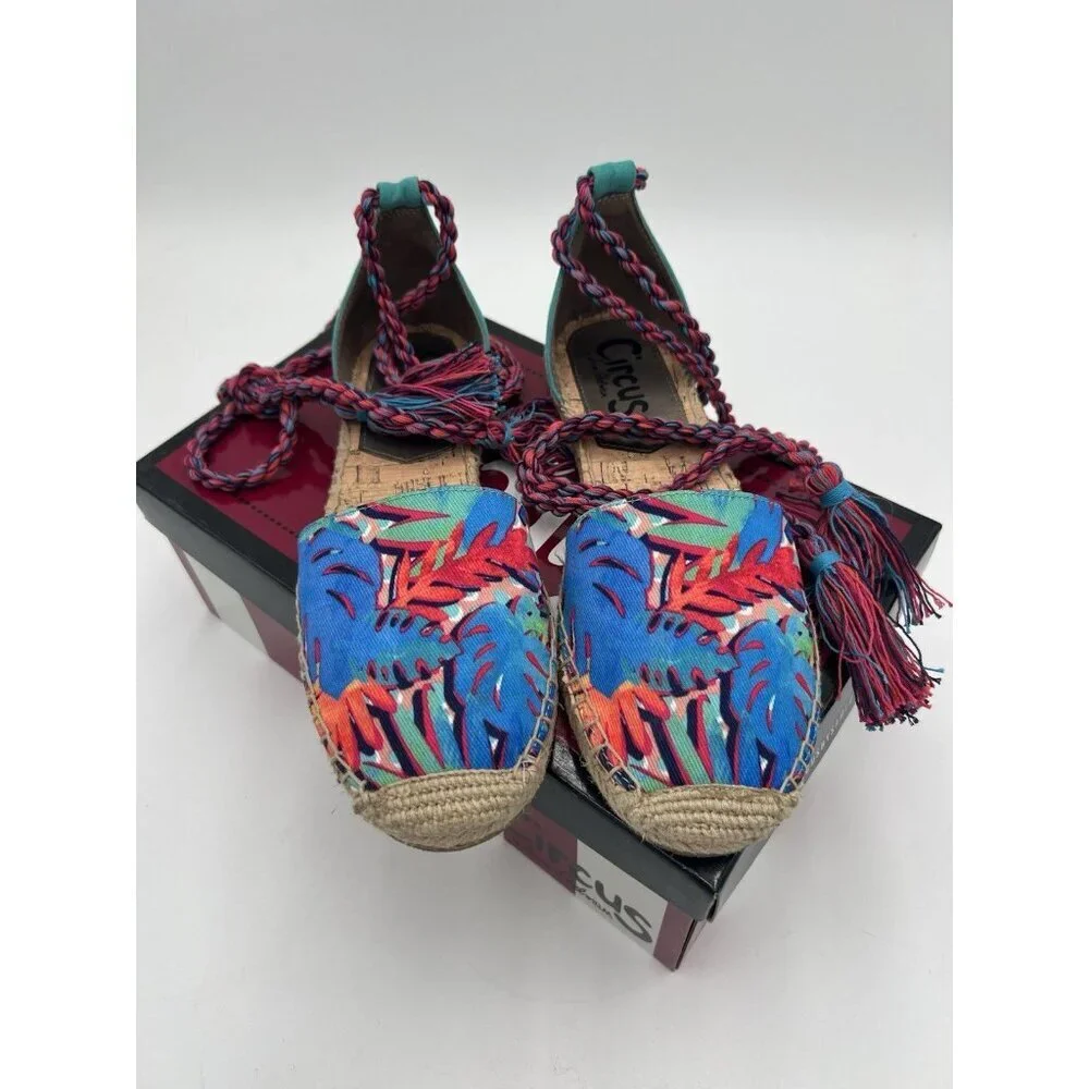 Circus Sam Edelman Boho Espadrille 8.5M Tropical Print Ankle Tie Tassel Festival